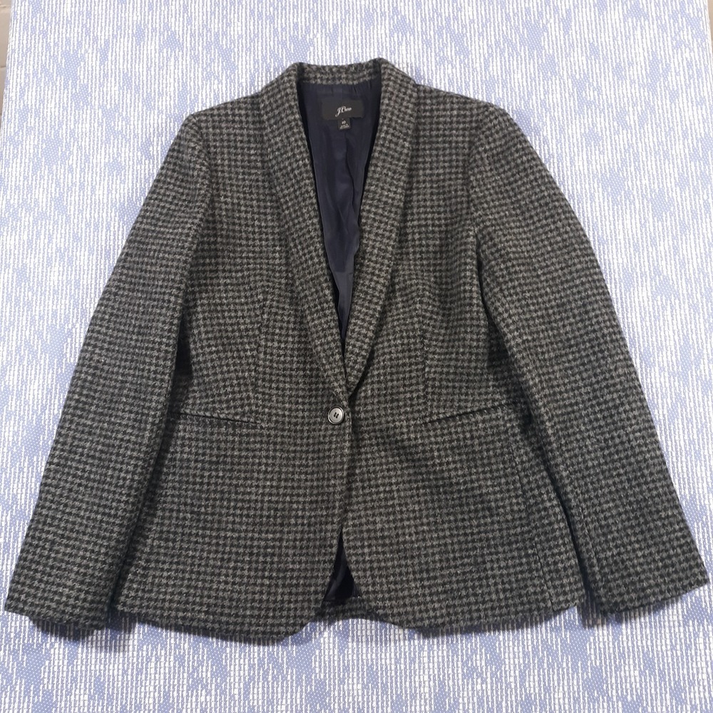 J.CREW Parke Blazer Houndstooth Plaid Wool Black Gray Womens Size 10 Style J4861